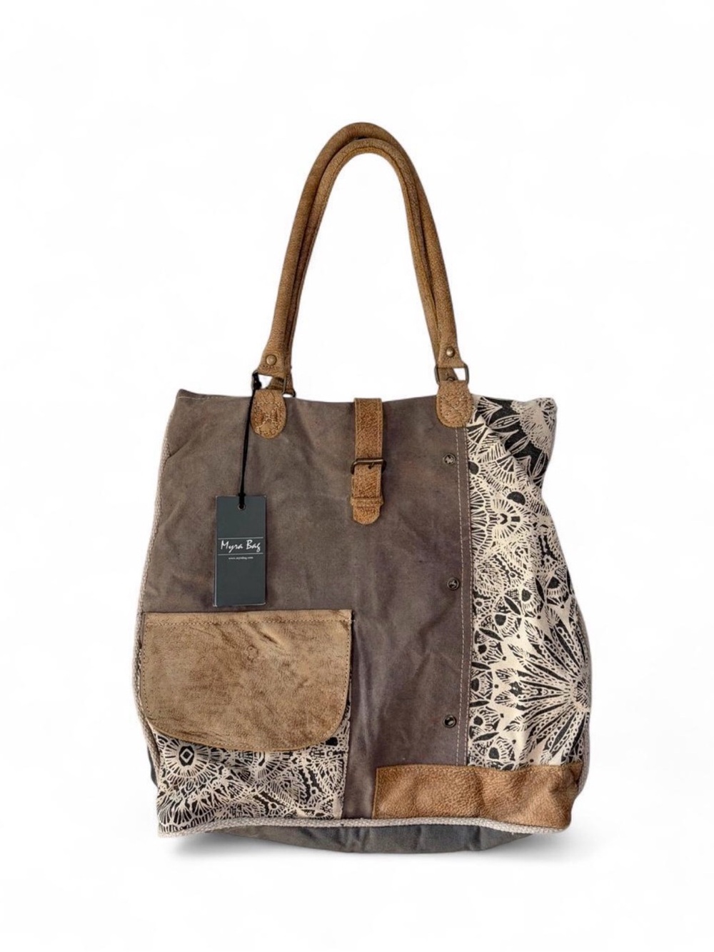 Myra Bag Upcycled Flower Design Canvas Tote Bag Leather Cotton Rustic Boho